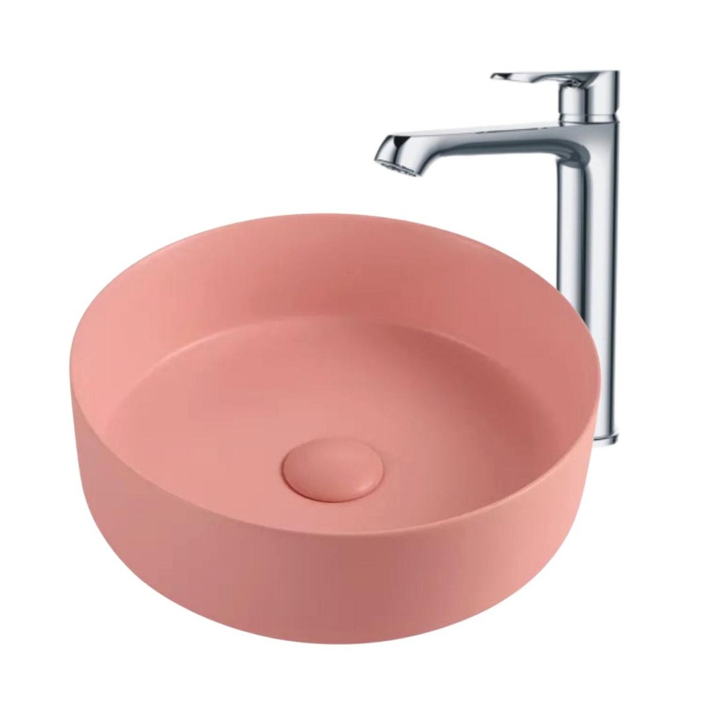 Lavamanos Sobreponer Circular Rosa 35,5x35,5cm con Grifería Externa Cromo