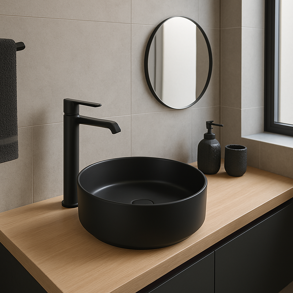 Lavamanos Sobreponer Circular Negro 35,5x35,5cm con Grifería Externa Black Mate