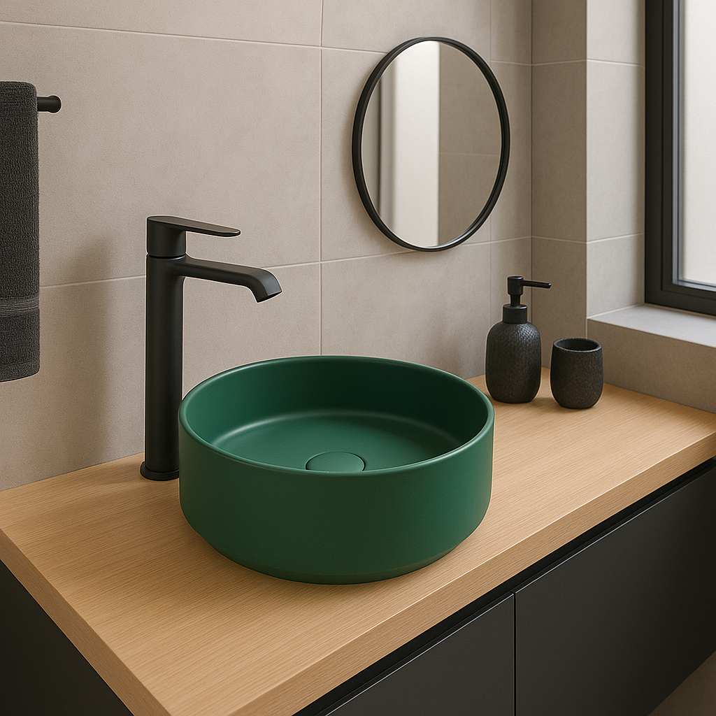 Lavamanos Sobreponer Circular Dark Green 35,5x35,5cm con Grifería Externa Black Mate