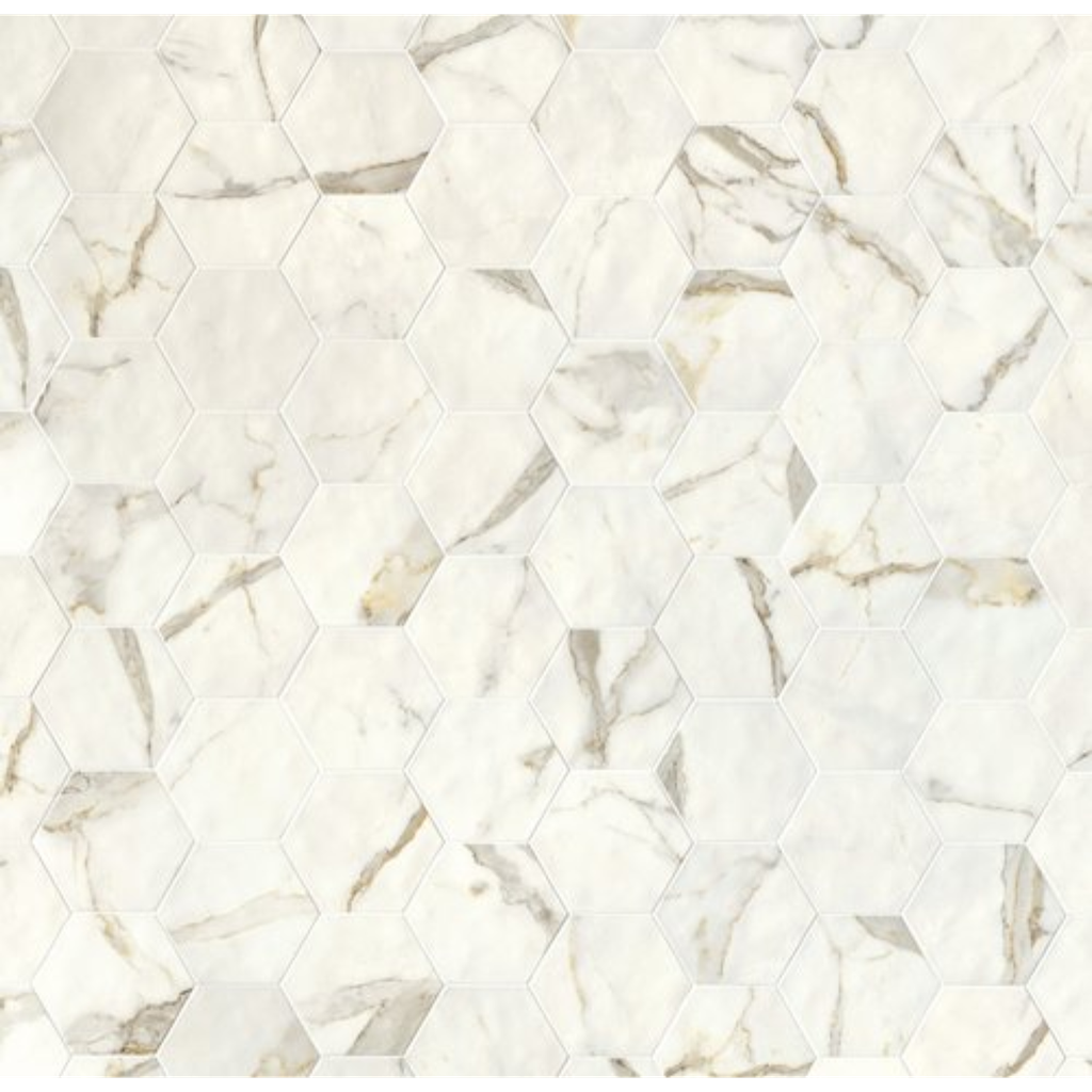 Porcelanato Scultorea Calacatta Oro Fino Mate Rectificado Hexagonal 25x21,6cm 