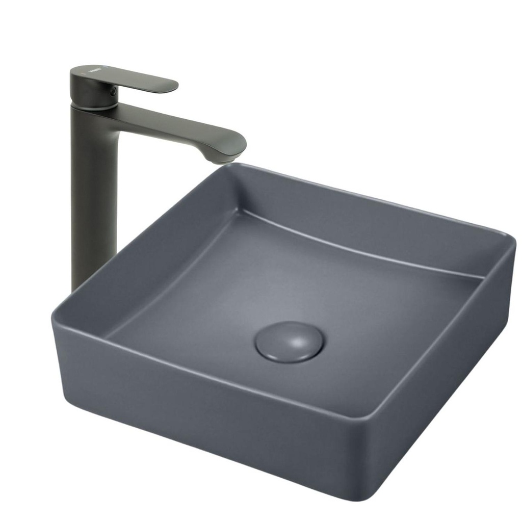 Lavamanos Sobreponer Cuadrado Gris Oscuro 36x36cm con Grifería Externa Black