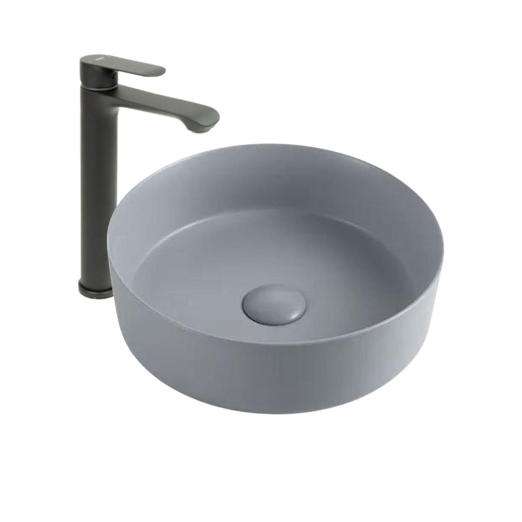 Lavamanos Sobreponer Circular Gris 35,5x35,5cm con Grif Externa black