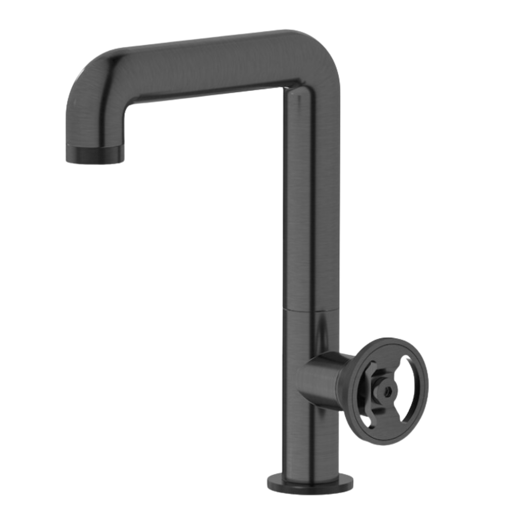 Grifería de Lavamanos Bold Lever Cromo Negro Cepillado Manilla Roja 205mm