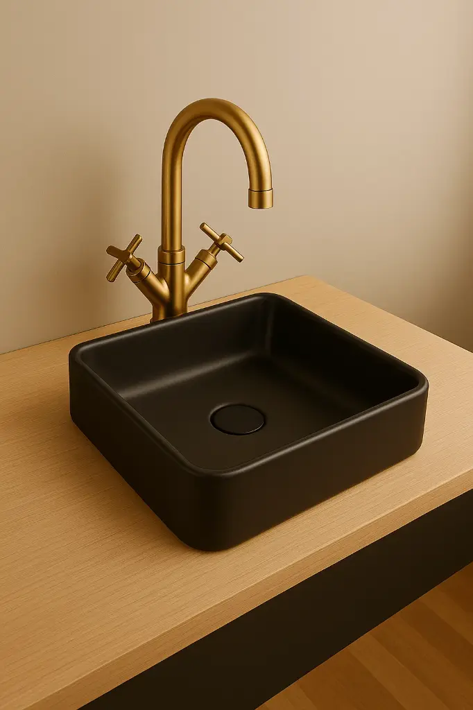 Lavamanos Semi-empotrar Cuadrado 41,3x41,3cm Negro Con Grifería Bimando Oro