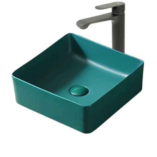 [KIT-LAVDKGRN2GRIFBLCK] Lavamanos Sobreponer Cuadrado Verde Oscuro 36x36cm con Grifería Externa Black Mate