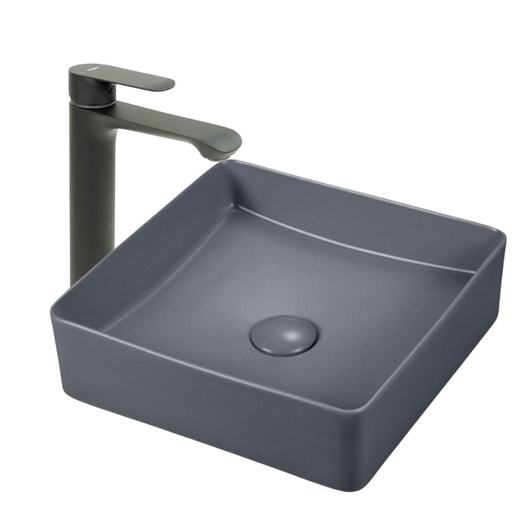 [KIT-LAVGRSOSC2GRIFBLCK] Lavamanos Sobreponer Cuadrado Gris Oscuro 36x36cm con Grifería Externa Black