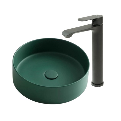 [KIT-LAVDKGRNGRIFBLCK] Lavamanos Sobreponer Circular Dark Green 35,5x35,5cm con Grifería Externa Black Mate