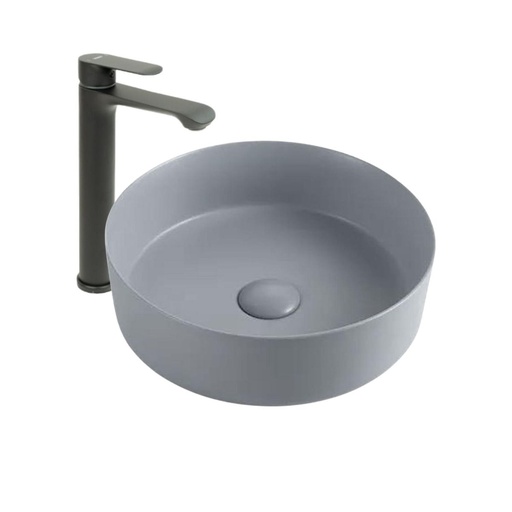 [KIT-LAVGRSGRIFBLCK] Lavamanos Sobreponer Redondo Gris 35,5x35,5cm con Grifería Externa Black