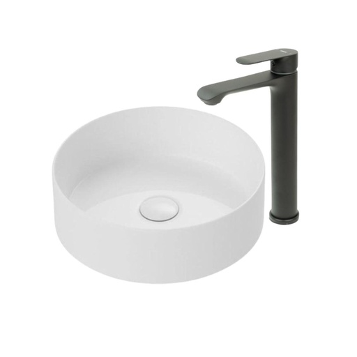 [KIT-LAVBLNGRIFBLCK] Lavamanos Sobreponer Circular Blanco 35,5x35,5cm con Grifería Externa black