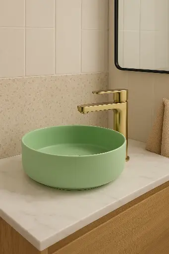 [KIT-LACGREENLGROFALEXOC] Lavamanos Verde Circular 35,5x35,5cm con Griferia Alexia Oro