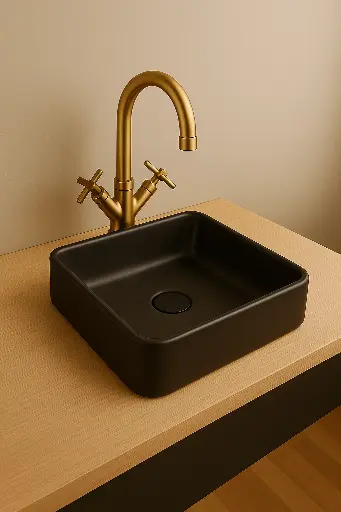 [KIT-LAVNGRGRIFORO] Lavamanos Semi-empotrar Cuadrado 41,3x41,3cm Negro Con Grifería Bimando Oro