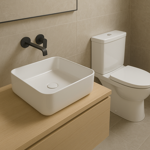 [KIT-WCLAVBLNCGRIFNGR] Wc Descarga Dual Con Lavamanos Cuadrado 41x41cm Blanco y Grifería Negra a muro